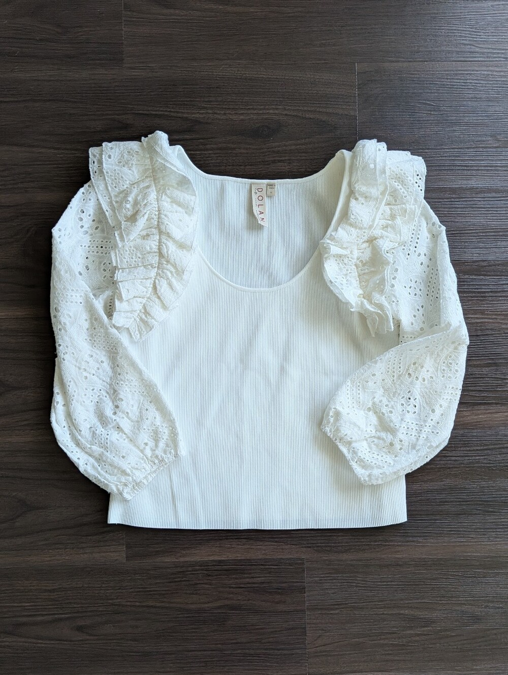 Anthropologie Dolan Eyelet Ruffle Sleeve Sweater Top White Top Boho Going Out XL